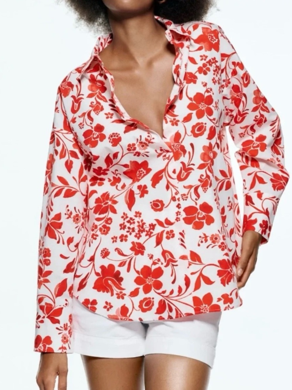 ZARA Red White Floral Print Button Shirt Blouse Top Womens XS Oversized Cotton